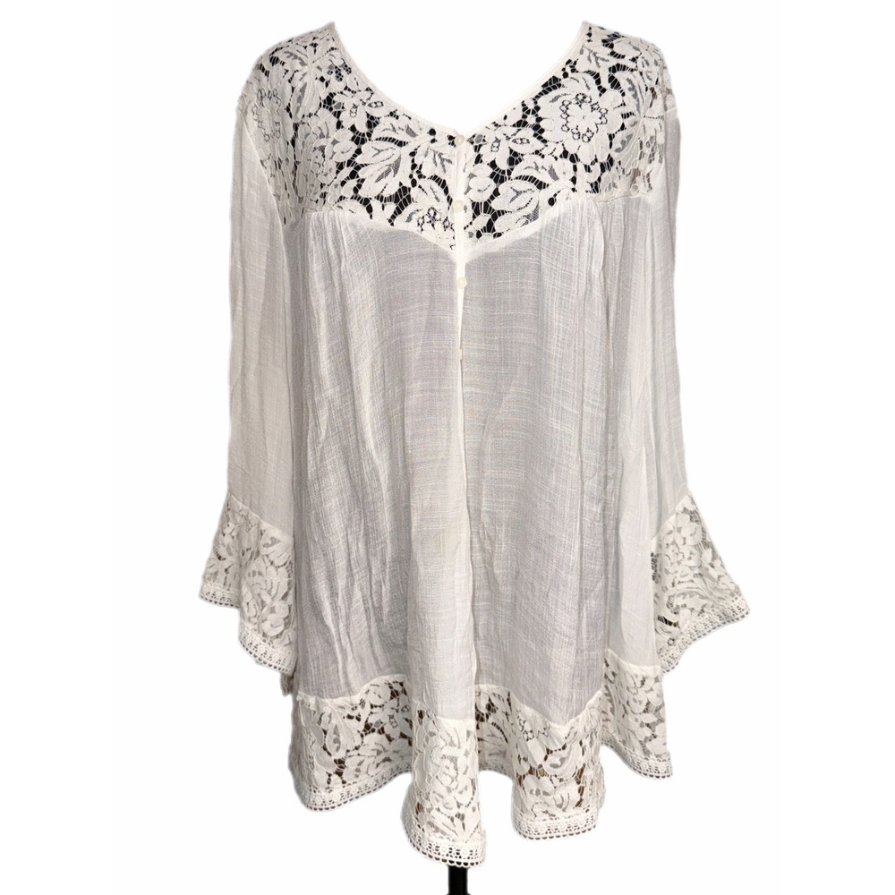 Zac & Rachel Woman White Lace Trim Tunic Blouse Bell Sleeve Plus Size 2X